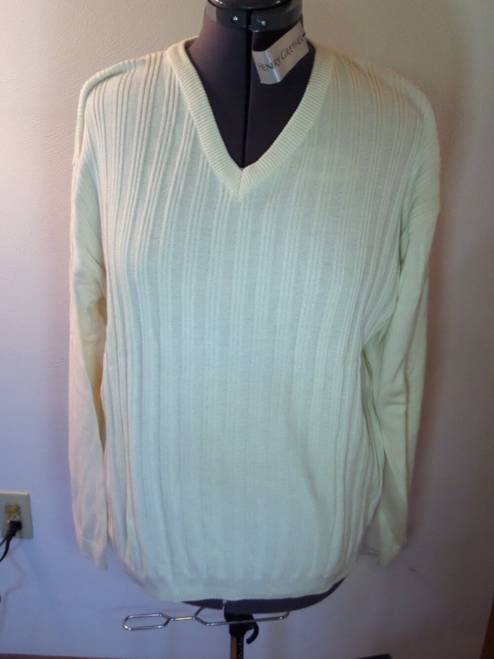 Henry Grethel Men's Ivory V Neck 100% Cotton Ribbed Knit Sweater Size XL NWT